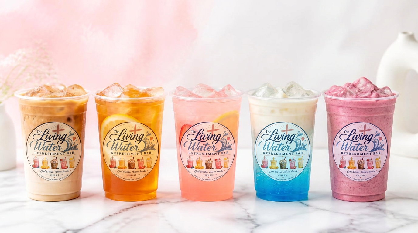 Row of iced coffee, tea, lemonade, dirty soda and smoothie cups