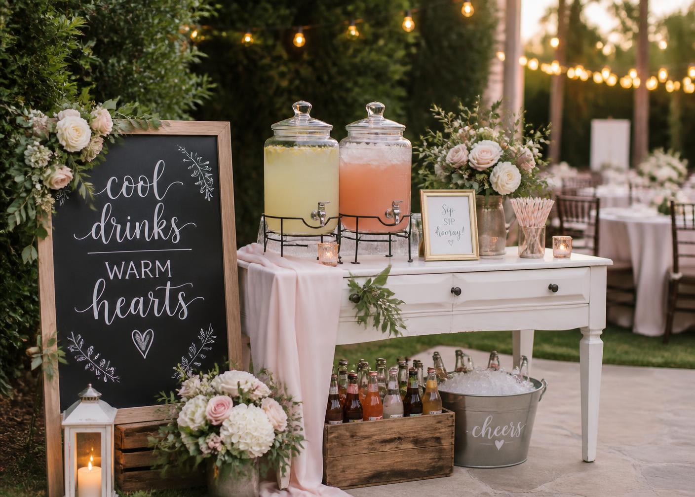 Styled outdoor drink station with a cool drinks warm hearts chalkboard sign