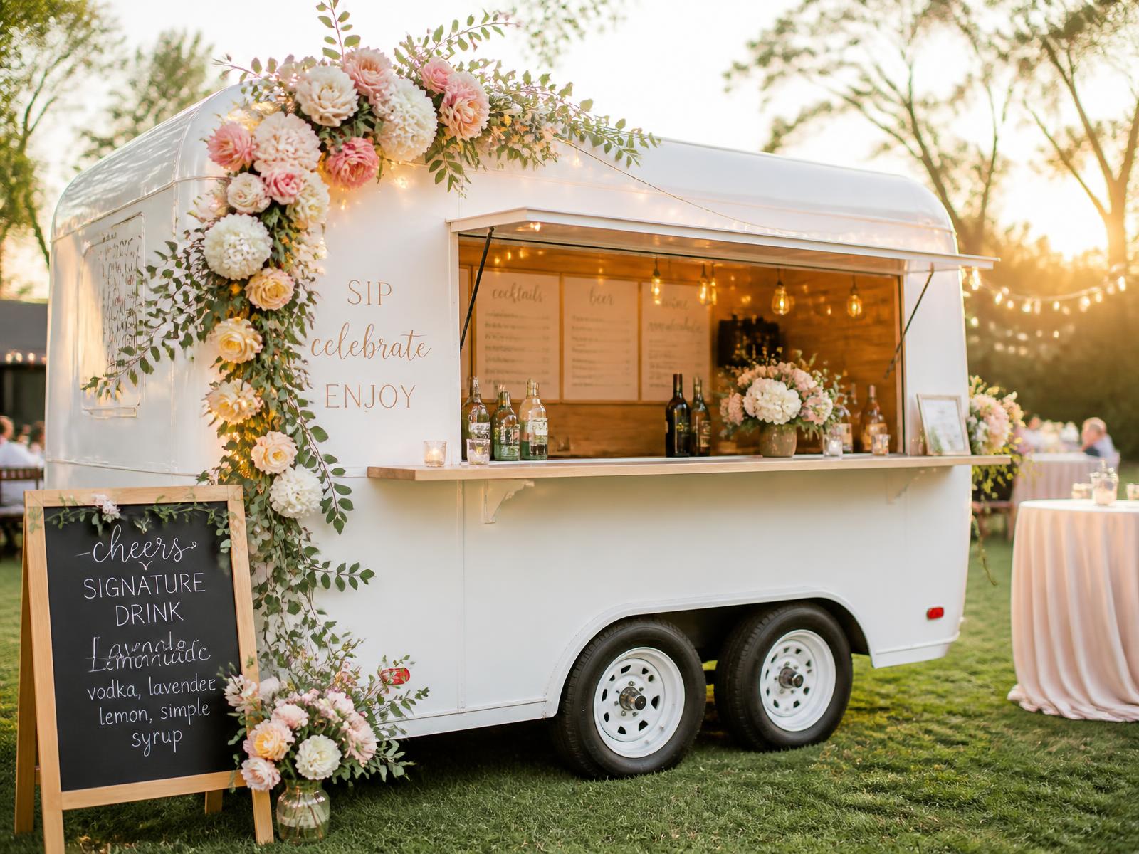Floral-decorated mobile refreshment trailer serving drinks at an outdoor event