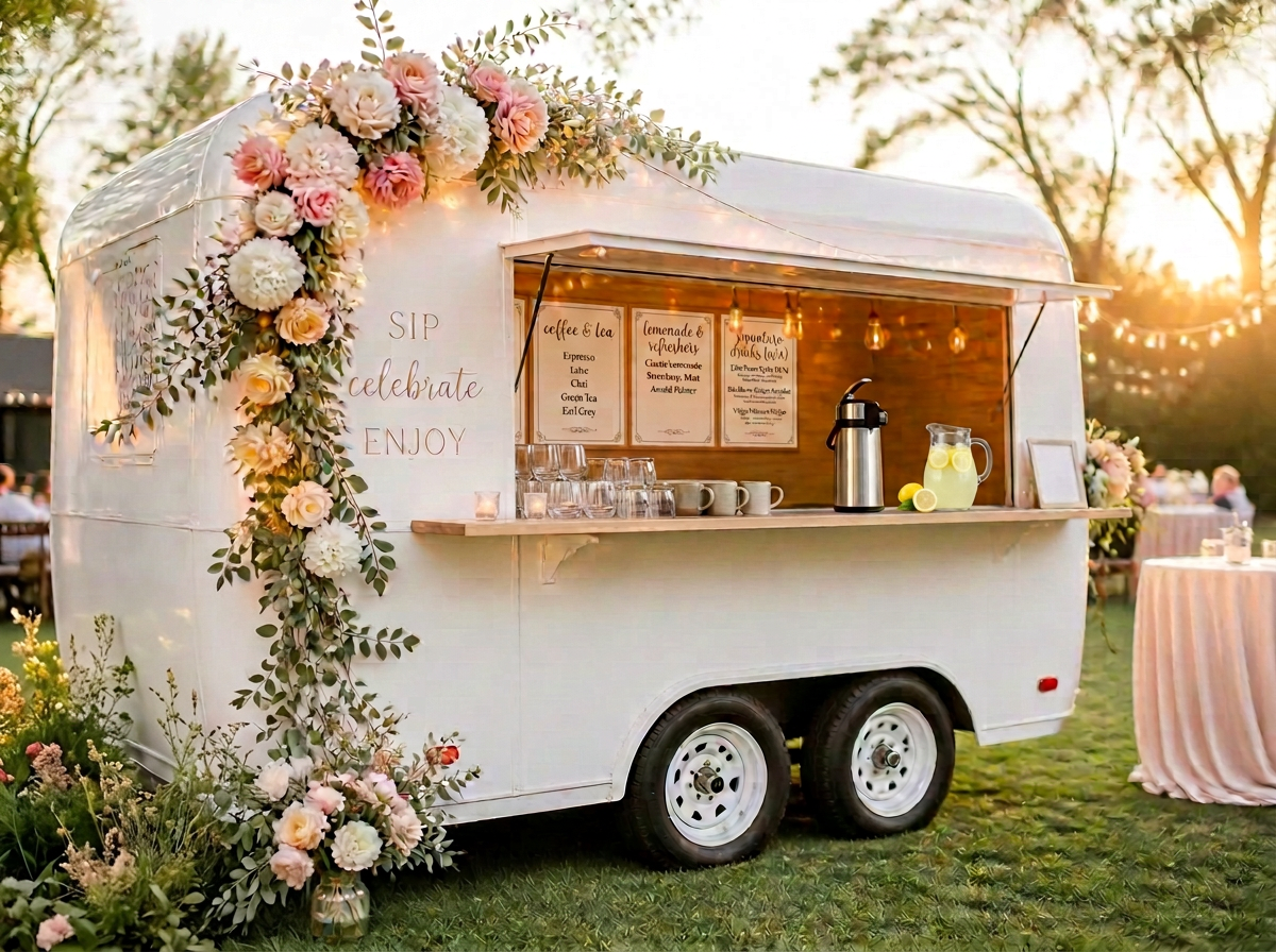 Floral-decorated mobile refreshment trailer serving drinks at an outdoor event