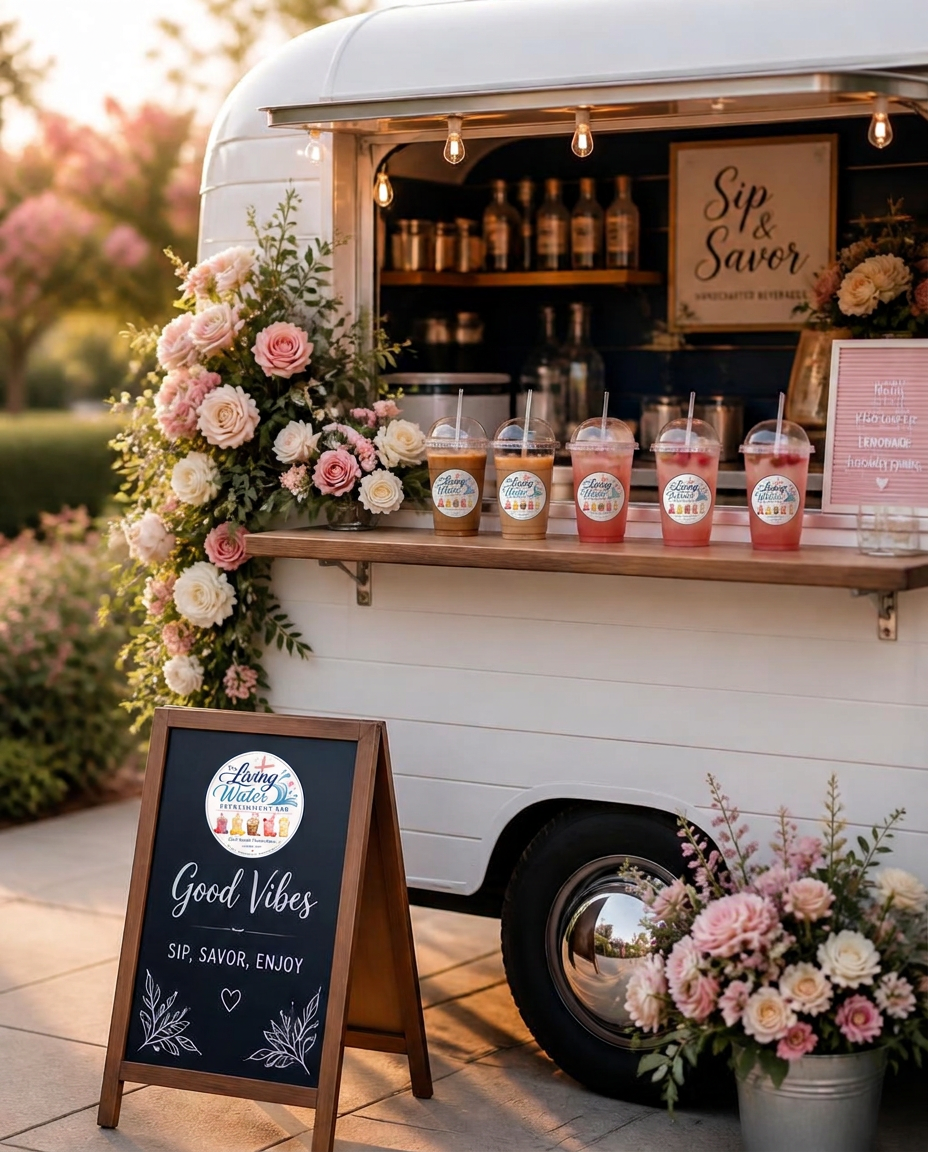 The Living Water mobile refreshment bar setup with fresh flowers and handcrafted drinks